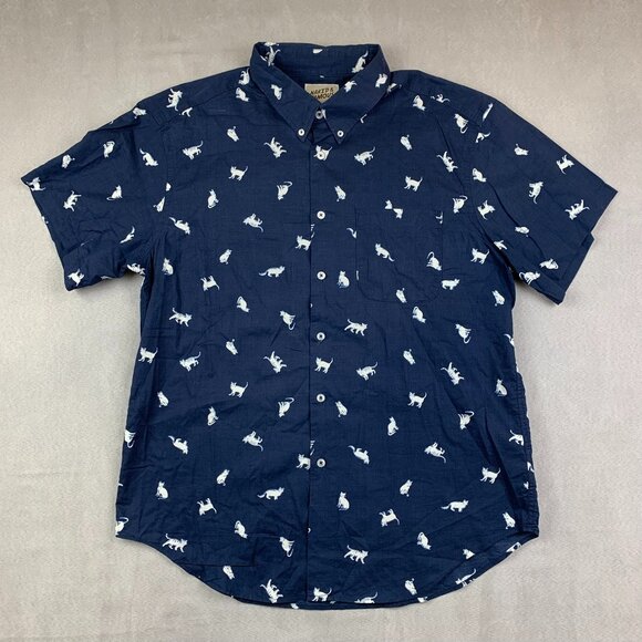 Naked & Famous Mens Shirt XL Navy Blue Hand Drawn Cats Button Up Short Sleeve - Picture 1 of 10
